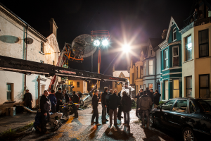 Exteriors started with a night shoot in Bangor. Photo (c) Pinewood Films No.6 Limited
