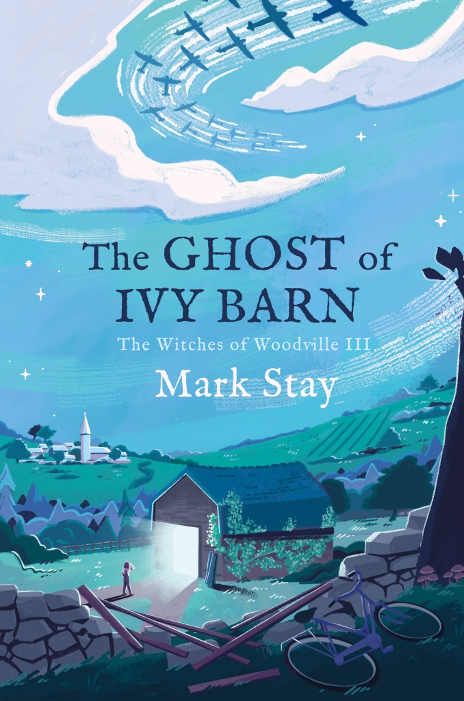 Book cover for The Ghost of Ivy Barn by Mark Stay. Predominately blue cover of a rural village landscape with a bright light coming from a barn.